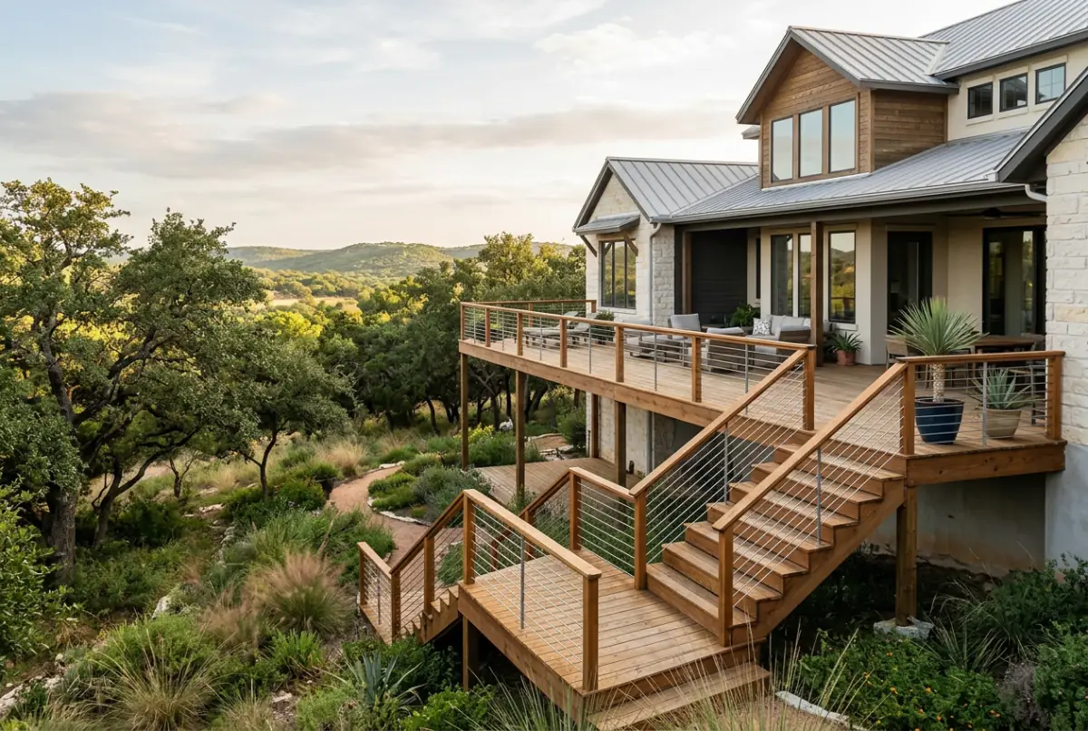 Raised cedar deck with wide stairs and cable railings